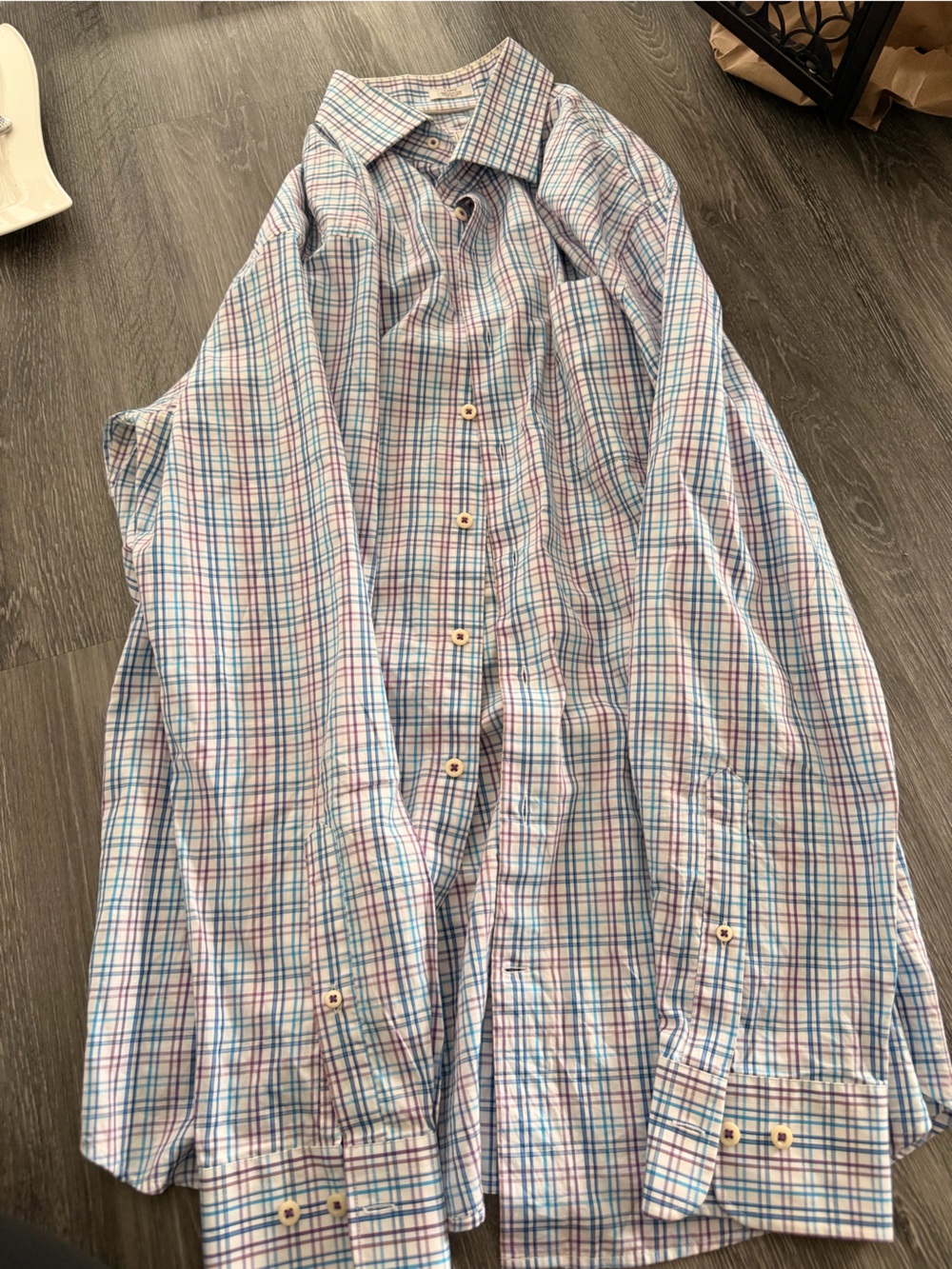 Men's Plaid Button-Down Shirt in White with Blue & Pink Check